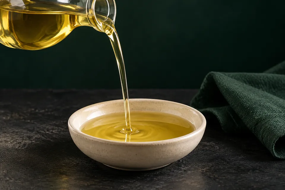 Aceite dorado vertiéndose en un cuenco de cerámica